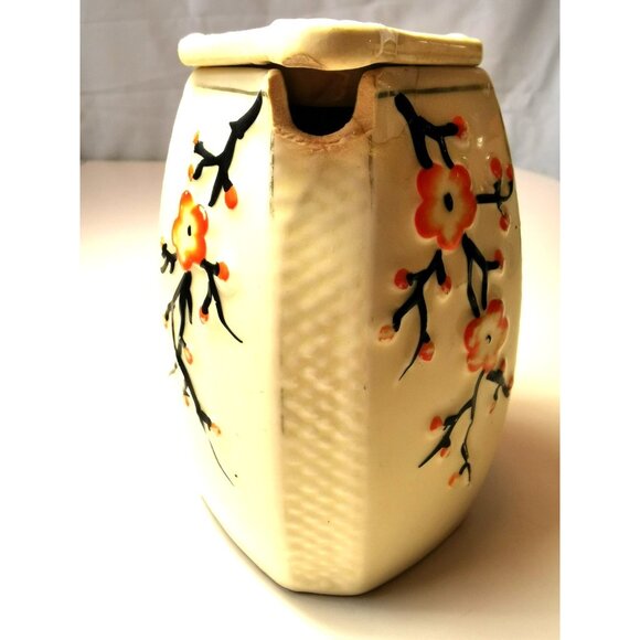 Vtg  60s Japanese Tea Caddy Jar Lidded Octagon Cream Cherry Blossom Sunburst - Picture 4 of 10